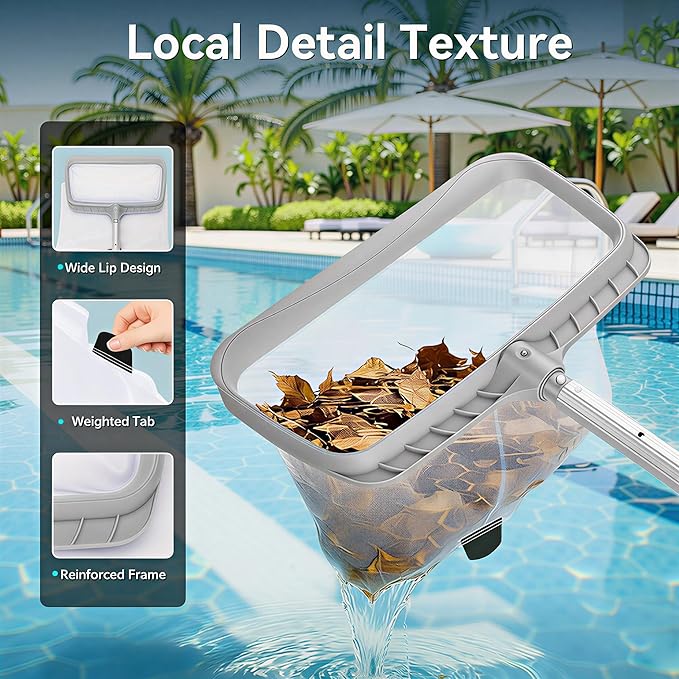 Professional Pool Skimmer Net, Heavy Duty Gray Frame with 15.5" Deep Fine Mesh Bag for Leaves, Twigs & Floating Debris, Reinforced Leaf Rake for Inground and Above Ground Pools (No Pole)