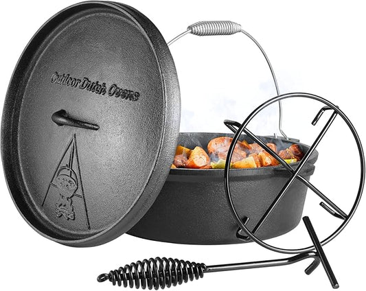 LIFERUN Dutch Oven Pot with Lid, 8 Quart Cast Iron Dutch Oven, without Feet, with Stand & Spiral-shaped Handle, Cast Iron Pot for Outdoor & Indoor