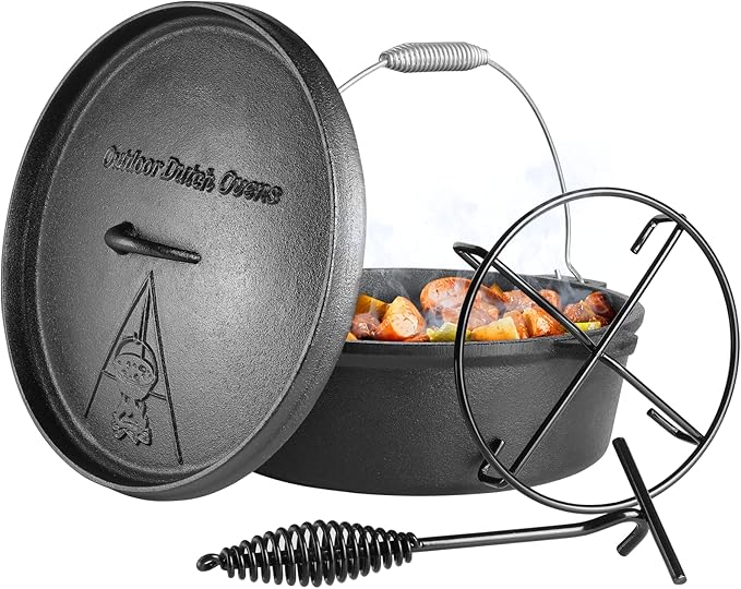 LIFERUN Dutch Oven Pot with Lid, 6.2 Quart Cast Iron Dutch Oven, without Feet, with Stand & Spiral-shaped Handle, Cast Iron Pot for Outdoor & Indoor