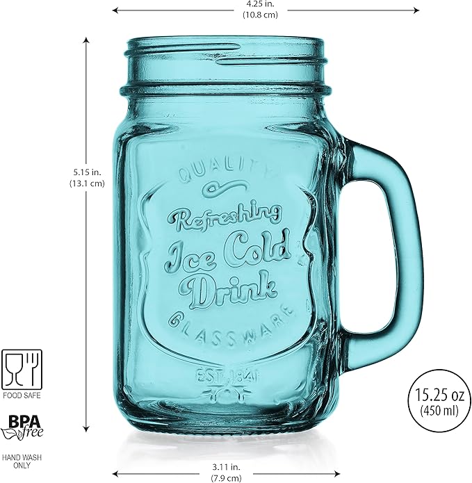Glaver's Mason Jar Drinking Glasses Set Of 4, 15 oz. Colored Mugs With Embossed Ice-Cold Drinkware Logo, Glass Mason Jar Mug With Handle. For Smoothies, Cocktails, Beverages. Hand Wash