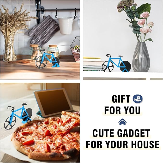 Bicycle Pizza Cutter Wheel - Gifts for Cyclists, Men, Dad, Bike Lovers - Funny Kitchen Gadgets - Cool Father’s Day, Christmas, Birthday, White Elephant Gifts - Stainless Steel Pizza Slicer(Blue)