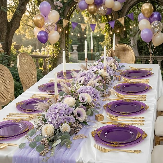 102PCS Purple and Gold Plastic Plates - High End Purple Disposable Plate Easter - Vintage Dinner & Dessert Plates for 51 Guests Birthday Easter Party Wedding