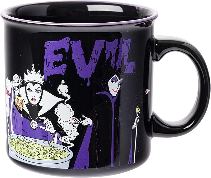 Silver Buffalo Disney Villains Evil Featuring Ursula, Cruella de Vil, The Evil Queen, and Maleficent Ceramic Camper Mug, 20 Ounces