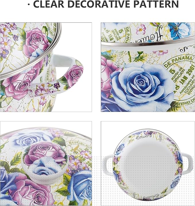 Retro Flower Enamel Stockpot with Lid,Stockpots for Cooking,Retro Classic Design(5L-Blue Rose)