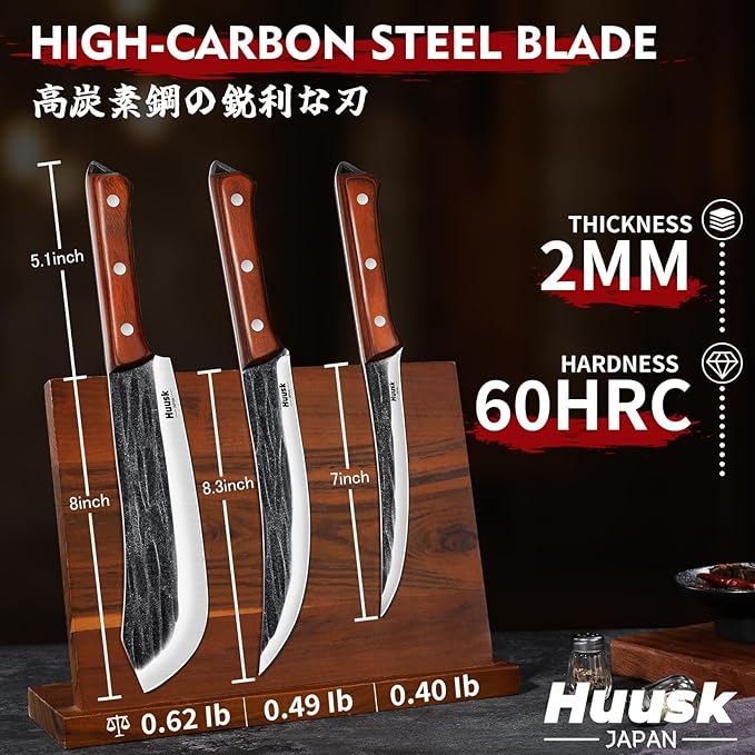 Huusk Butcher Knife Set for Meat Cutting, 3PCS Carving BBQ Brisket Knives, Hand-forged Kitchen Knive Set with Ergonomic Handle, Christmas Gifts for Men Women