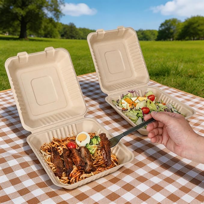Aricsen Compostable 100 Pack 8 Inch Takeout Lunch Box Containers with Lid To Go Take Out Clamshell for Food, Disposable Eco-Friendly Biodegradable Bagasse, PFAS-Free, Brown