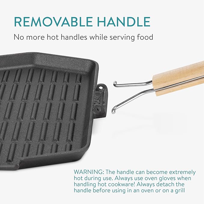 Navaris Sizzling Cast Iron Skillet Set - Fajita Grill Pan with Removable Handle for Fajitas, Steak, Sizzler Dishes 13.4" x 8" - Includes Wood Trivet