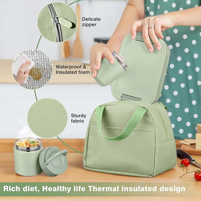 Bento Lunch Box Set with 10.5oz Soup Thermo Food Jar for Adults Kids, Stainless Steel Leak-proof Lunch Container, Coffee Tumbler with Lunch Bag for School Travel Office-Green