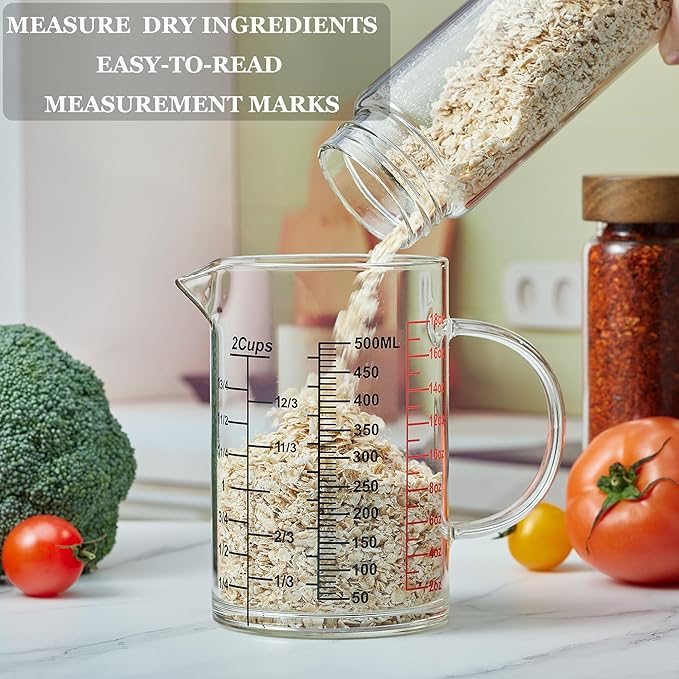 Glass Measuring Cup-[Insulated handle | V-Shaped Spout]-Made of High Borosilicate Glass Measuring Cup for Kitchen or Restaurant, Easy to Read, 500 ML (16 Oz, 2 Cup)