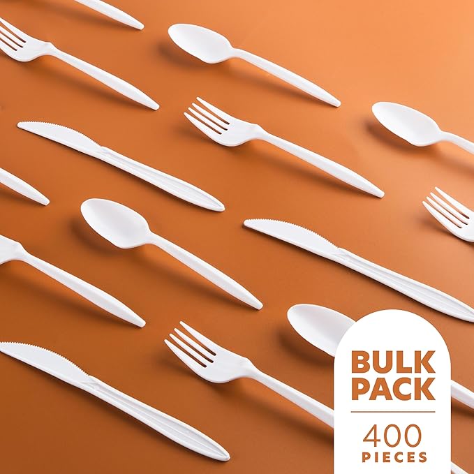 PLASTICPRO 400 Pack Disposable Plastic Utensils Assorted Colored Cutlery Combo Set Forks Spoons Knives Silverware, White Plastic Cutlery for Parties