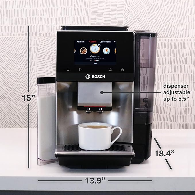 Bosch Fully Automatic Coffee and Espresso Machine - 36 Drinks, Double Cup Barista Style Super Coffee Maker - Touchscreen, Large Bean Capacity - Easy Clean, Maintenance - Silver - TQU60307