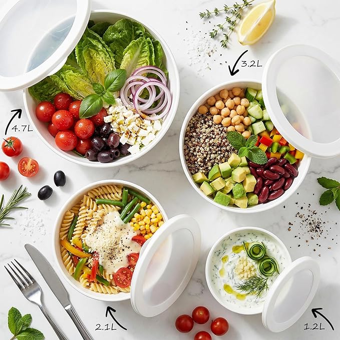 BoxedHome Mixing Bowls with Lids Set, 4 Packs BPA-Free Plastic Prep Bowls for Kitchen, Dishwasher & Microwave Safe, Large Capacity, Beige