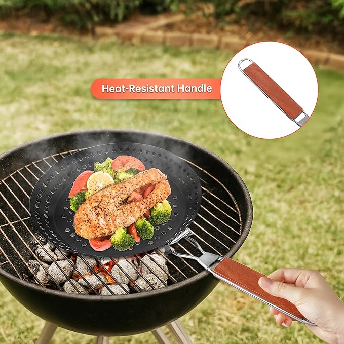 Grilling Skillet with Foldable Handle, 12" Grill Pan for Outdoor Grill, Non-Stick Grill Basket for Pizza BBQ Fry Vegetables Seafood Chapati
