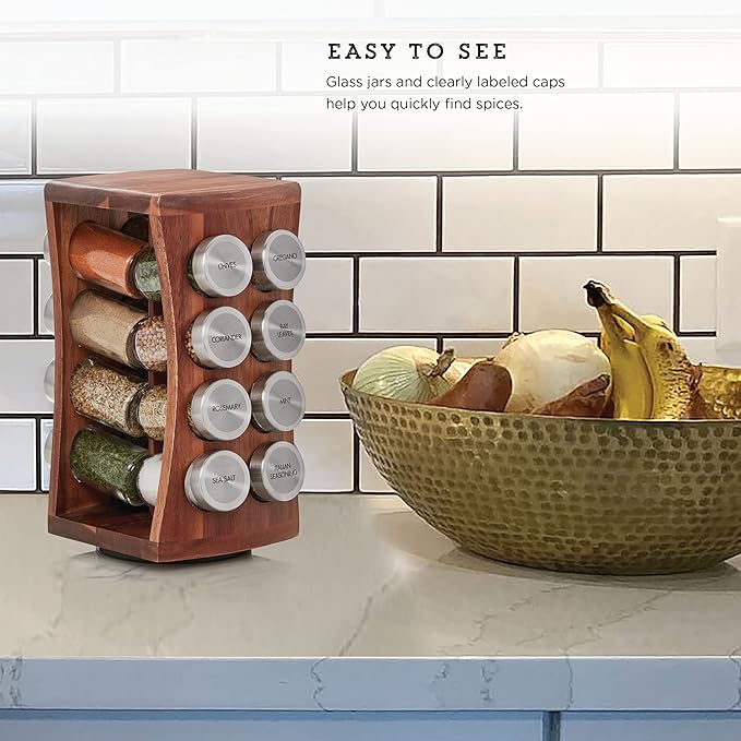 Kamenstein 16 Jar Hourglass Revolving Countertop Spice Rack with Spices Included, FREE Spice Refills for 5 years, Acacia with Stainless Steel Caps,Brown (Pack of 2)