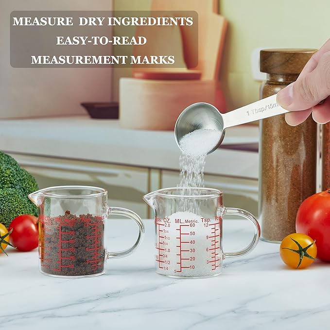 Measure Glass -[Insulated handle | V-Shaped Spout]-Made of High Borosilicate Glass Measuring for Kitchen or Restaurant, Easy to Read, 60 ML (2 Oz) 丨(2 Pack)