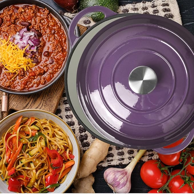 6 Quart Dutch Oven Enameled Cast Iron with Lid - Big Dual Handles - Oven Safe up to 500°F - Classic Round Pot for Versatile Cooking Purple