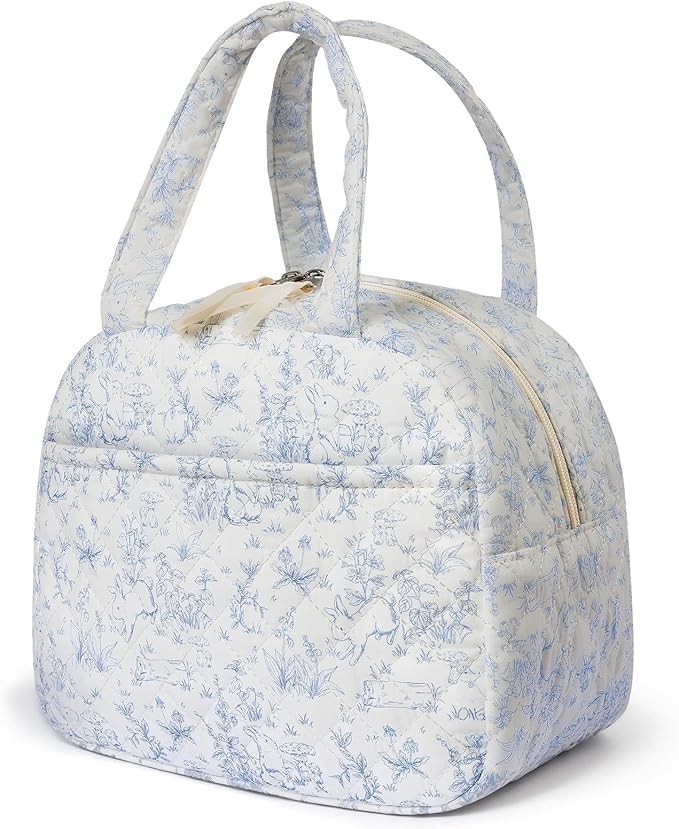 Quilted Lunch Box for Women,Coquette Aesthetic Lunch Box for Teen Girls,Cute Floral Lunch Bags for Work, School,Office,Picnic,Travel (blue floral rabbit)