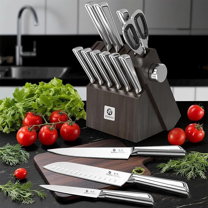 imarku Kitchen Knife Set with Block and Built-in Sharpener, Japanese Stainless Steel 14-Piece Knife Set with Utility Knife, Dishwasher Safe, Non-Slip Ergonomic Handles, Essential Gift for Home Cooks