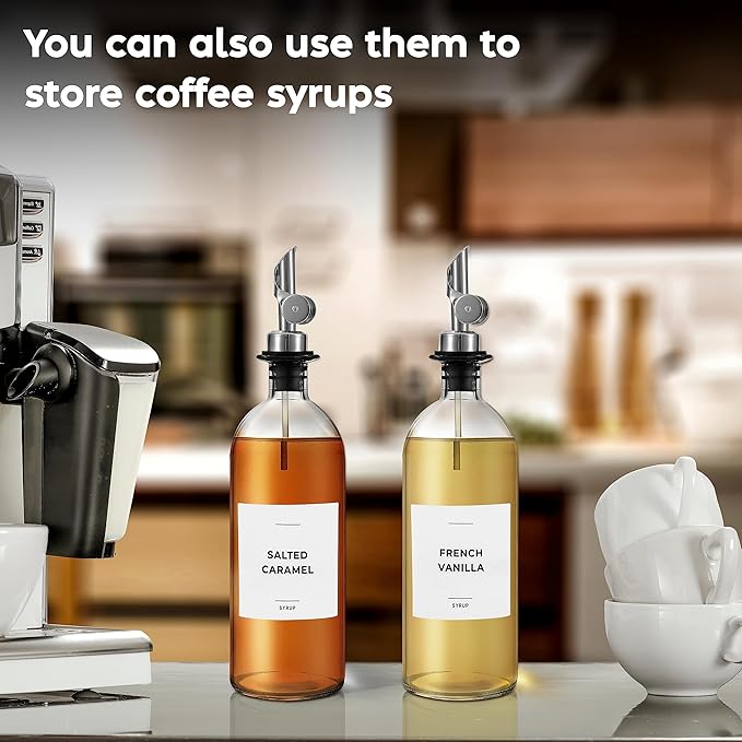 Oil Dispenser for Kitchen - Glass Olive Oil Bottle Set of 2 (16.9oz) with Silver Stainless Steel Weighted Self-Closing Pourer - Cooking Oil Dispenser with 66 Labels, Aligner & Funnel