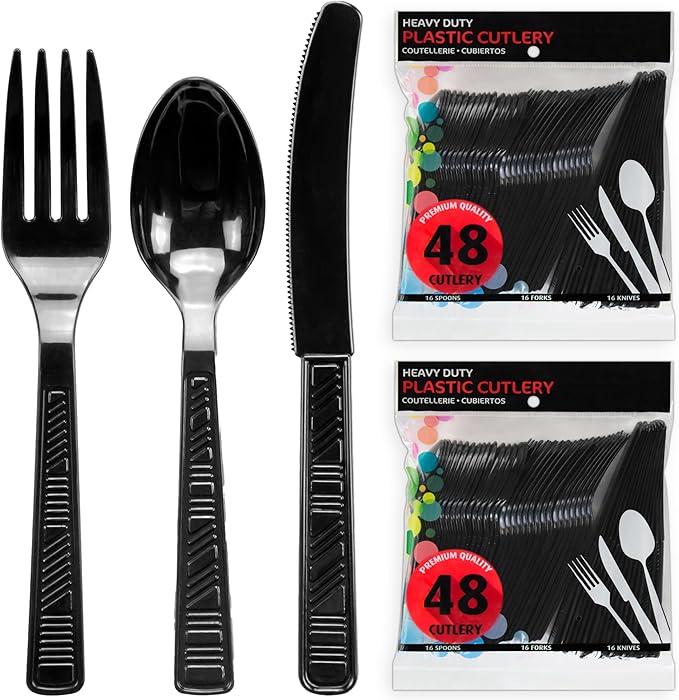 DecorRack Plastic Cutlery Set, Black Colored Plastic Silverware Sets for Parties, 96 Piece Bulk Heavy Duty Utensils (Black, 96 Pieces)