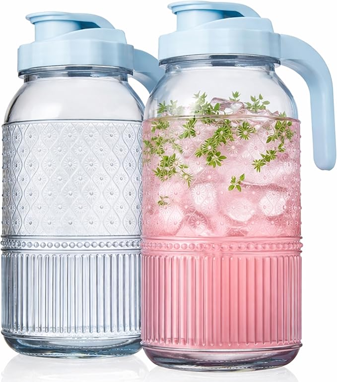 Glass Pitchers Set of 2 – Mason Jar Style Pitcher with Handle & Lid, 64 oz Water Jug for Juice, Iced Tea, Cold Brew, Water, Vintage Claro Collection Kitchen Décor - Blue