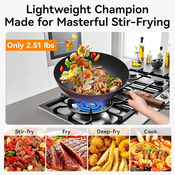 WANGYUANJI 12.6" Carbon Steel Wok Pan with Lid, Lightweight Stir Fry Pan with Flat Bottom, Induction Compatible Chinese Cookware for Electric, Gas & Glass Top Stoves, No Coating, 2.5lb