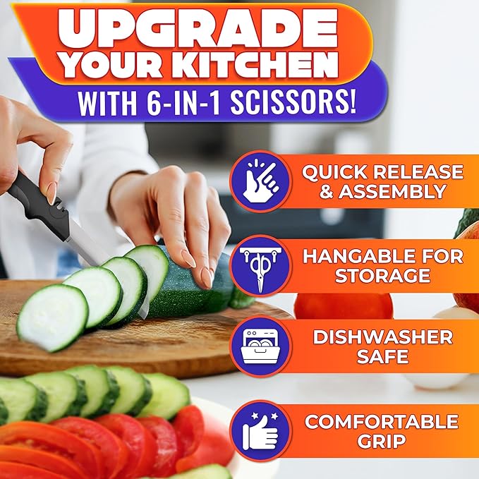 6-in-1 Cutting Board Scissors – Heavy Duty & Dishwasher-Safe Kitchen Shears with Ribbed No-Slip Blade, Spring-Assist, & Safety Lock – Meat, Fruits, Fish & Vegetable Scissors Food Cutter | Fish Scaler