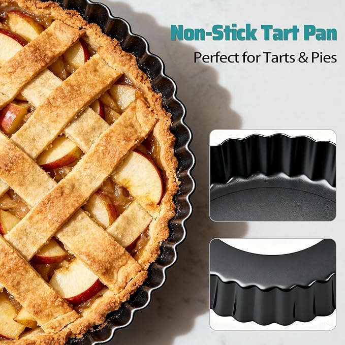 Tart Pan 2 Pack, 9 Inch Non-Stick Carbon Steel Pie Pan, Tart Pans with Removable Bottom - Perfect Molds for Making Quiches, Brownies, and Fruit Tarts with Grooved Edges
