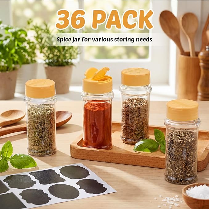 Eccliy 36 Pack 3 oz Clear Plastic Spice Jars with Label and Shaker Lids Empty Spice Bottles Seasoning Containers Seasoning Jars Shaker Condiment Pots for Pepper Herbs Powders (Wood Color)