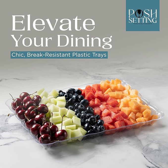 Posh Setting Clear Serving Trays Disposable - Plastic Platters - Plastic Platters and Trays for Party- Clear, Gold & Black, White Serving Dishes, 9x13, 4 Pack