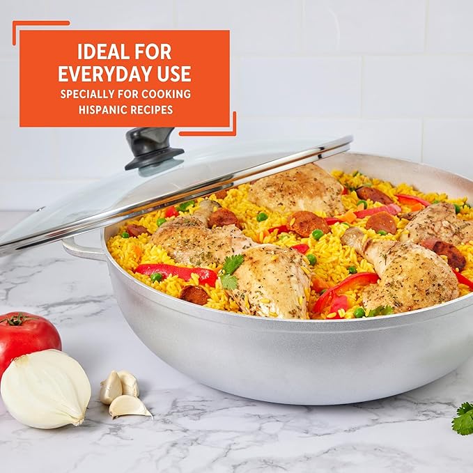 IMUSA Caldero Stock Pot with Glass Lid 11QT, 36cm, Cast Aluminum, Perfect for Serving Big & Medium Groups, Riveted Handles, Made in Colombia, Silver