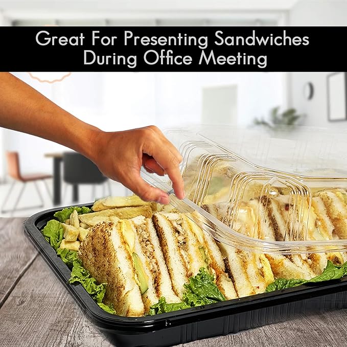 TRAYA Pack of 10 Serving Tray with lid - Reusable Catering Trays with Lids 13inch Long for Meal Prep, Cakes, Treats and Sandwiches (15.35 × 11.42 × 2.95inch)