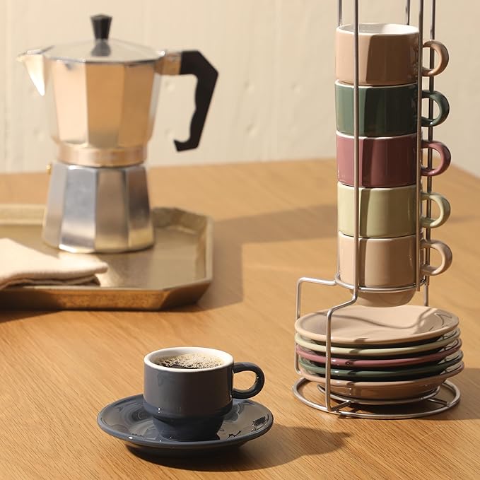 Gibson Home Brew Harmony 13 Piece Espresso Cup Set with Metal Rack, Stoneware Espresso Cups & Saucers, Solid Color Stackable Coffee Set, Café Style, Dishwasher & Microwave Safe