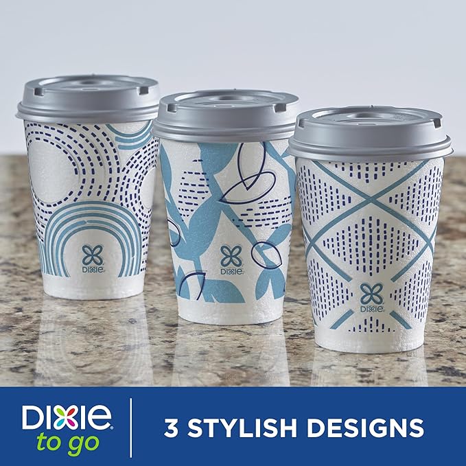 Dixie To Go Paper Coffee Cups With Lids, 12 oz, 14 ct, Disposable Insulated Paper Cups for On-The-Go Hot or Cold Beverages | Medium, With Lids, Disposable Cups, For On-The-Go, Hot Beverages