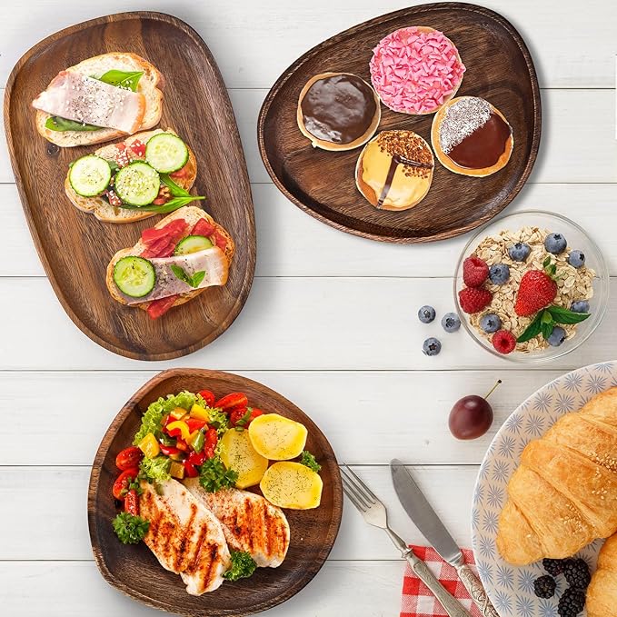 Okllen Set of 5 Acacia Wood Serving Platter and Trays, Irregular Oval Solid Wood Plates Serving Tray, Lightweight Wood Dinner Plates for Breakfast, Coffee, Tea, Snack, Plant, Housewarming Gift