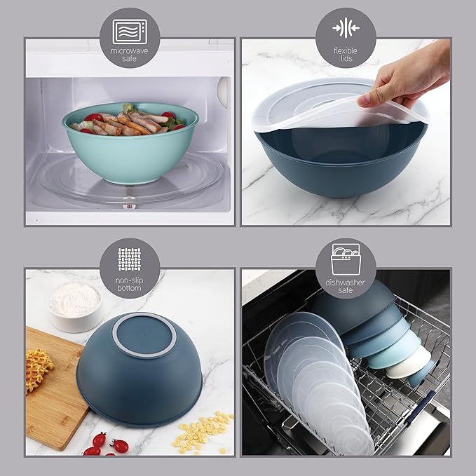 COOK WITH COLOR Mixing Bowls with Lids - 12 Piece Plastic Nesting Bowls Set includes 6 Prep Bowls and 6 Lids, Microwave Safe Mixing Bowl Set, Blue Ombre