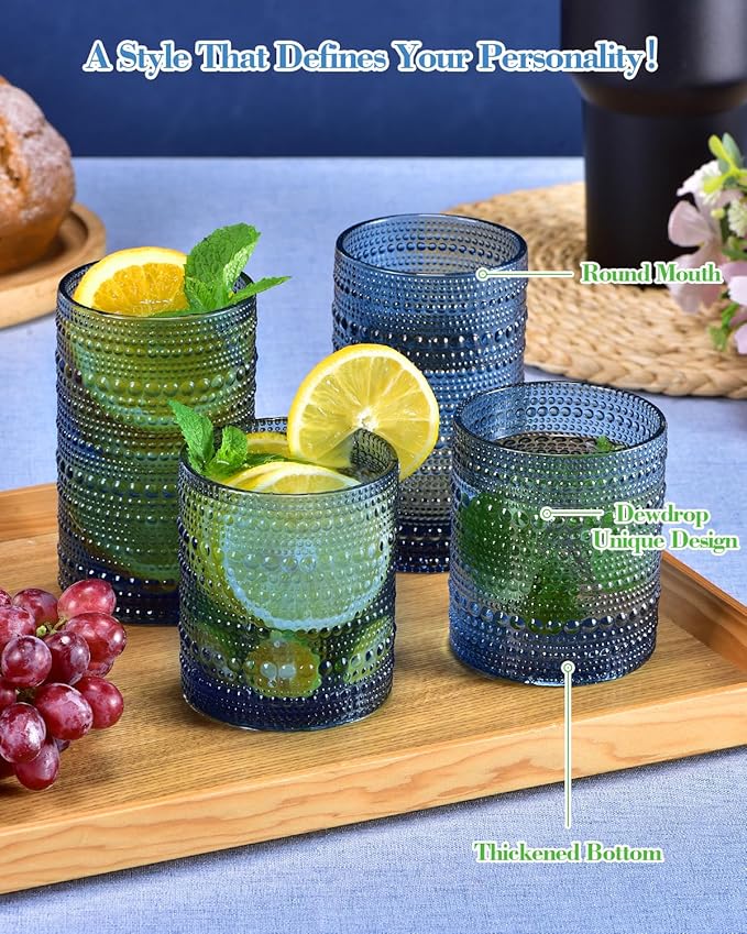 Hobnail Drinking Glasses Set of 8, Blue Vintage Glassware 14 oz and 12 oz, Glass Cups, Cups for Kitchen, Bar Glasses for Beer, Juice, Cocktail, Whiskey, Milk