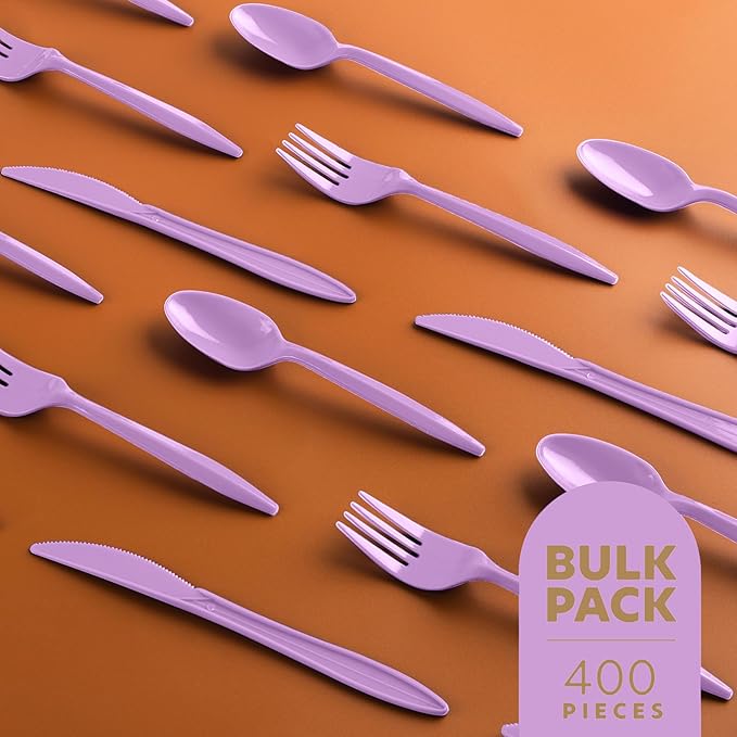 PLASTICPRO 400 Pack Disposable Plastic Utensils Assorted Colored Cutlery Combo Set Forks Spoons Knives Silverware, Purple Plastic Cutlery for Parties