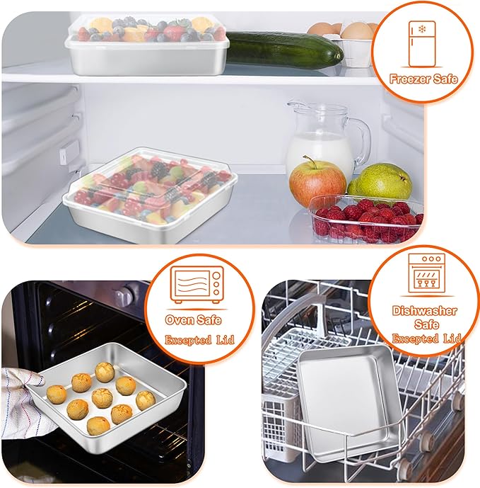 TeamFar 9 x 9 Inch Square Cake Pan, Stainless Steel Square Baking Pan with Lid for Brownie Lasagna, Non-Toxic & Heavy Duty, One Piece & Smooth, Dishwasher Safe & Easy Clean, (1 Pan + 1 Lid)