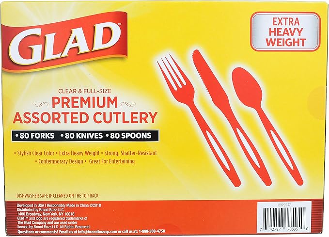 Glad Clear Disposable Cutlery Set with Heavy Duty Plastic Forks, Knives, and Spoons, Reusable Dishwasher Safe Plastic Utensils for Parties and Everyday Use, 240 Count