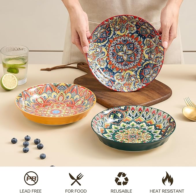 Ceramic Pasta Bowls Set of 6-8 inch 32 oz Serving Bowls, Colorful Dinner Bowls for Soup,Salad, and Pasta, Kitchen, Microwave, Dishwasher Safe, mexican, Bohemian Style