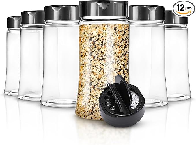 12 Pack 9.5 oz Plastic Spice Jars, Empty Seasoning Containers for Homemade Rub, Spices, Glitter, and More, Small Spice Containers with Black Shaker Lids and Heat-Induction Liner, Clear Spice Jars