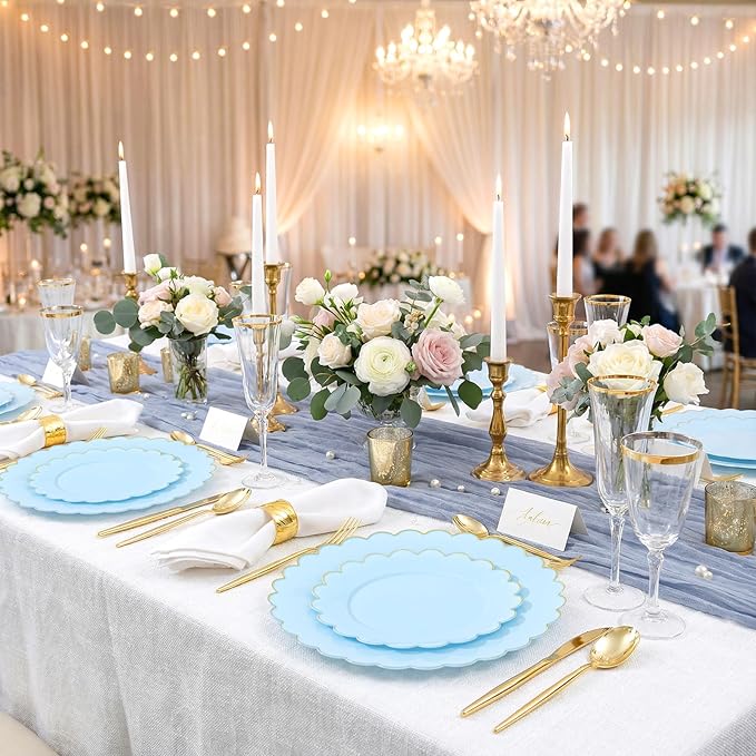 LIYH 120 Pcs Baby Blue Plastic Plates with Gold Edge - Disposable Light Blue Scalloped Baby Shower Plastic Plates Includes 60 Dinner Plate 10.25" & 60 Dessert Plate 7.5" for Party Birthday Easter