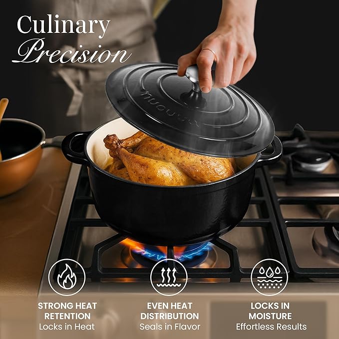 Cast Iron Dutch Oven with Lid – Non-Stick Ovenproof Enamelled Casserole Pot – Sturdy Dutch Oven Cookware – Black, 3.1-Quart, 22cm – by Nuovva