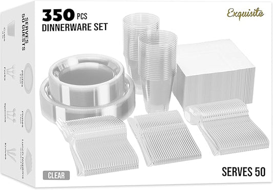 350 Pcs Clear Plastic Plates For Party, Clear Disposable Plates Set, 50 Of Each 9" Dinner Plate Set, 7" Dessert Plate, Cups, Napkins & Cutlery Plastic Dinnerware Set Exquisite