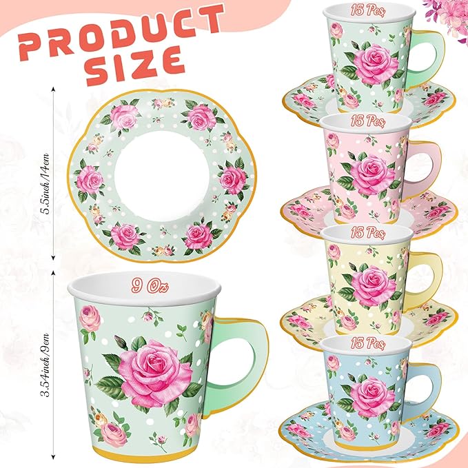 Umigy 60 Sets Spring Tea Party Decorations 9 oz Floral Paper Teacups & Saucer Set for Girls Women Afternoon Tea Parties Mothers Day Bridal Shower Wedding Birthday Party Decorations(Multicolored)