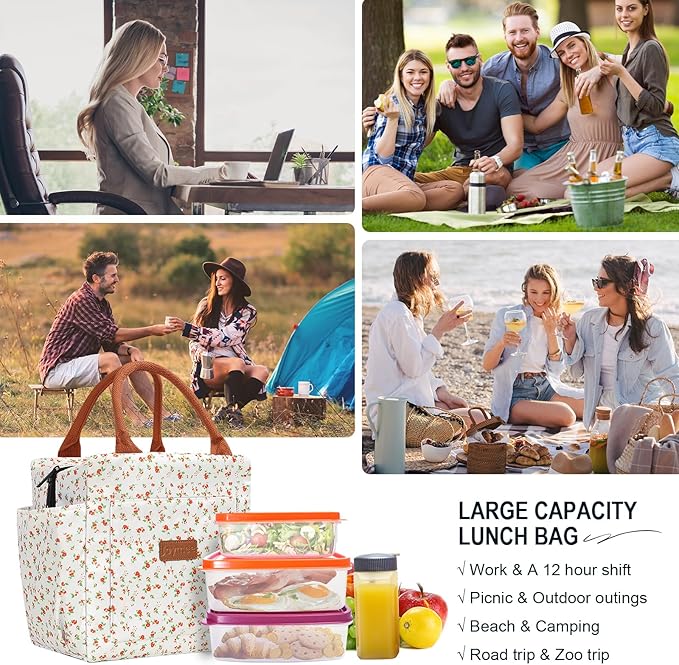 Joymee Lunch Bag Women Insulated Lunch Box Reusable Leakproof Large Spacious Cooler Tote for Women Men Adult with Bottle Holder and Side Pockets for Work Office Travel Picnic -Red Floral