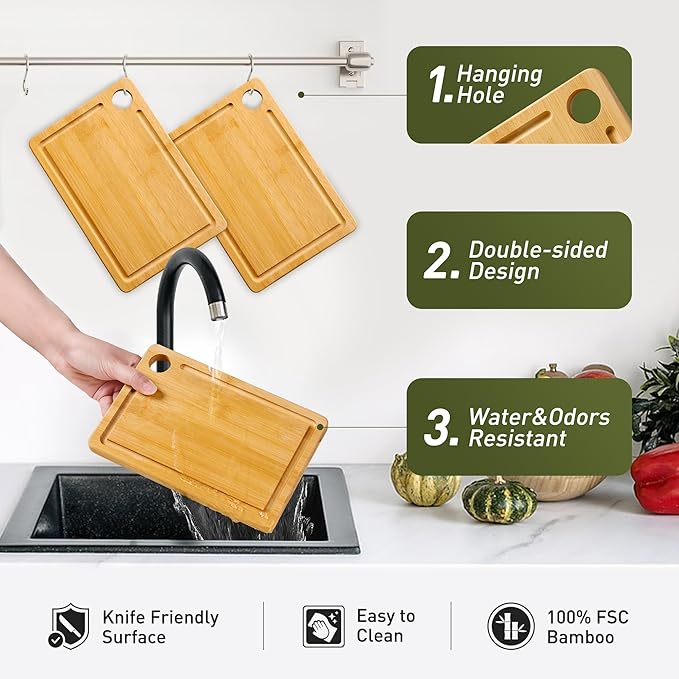2 Packs Small Bamboo Wood Cutting Board for Kitchen 8.6" x 6" Mini Wooden Charcuterie Boards Lightweight Chopping Board Non Toxic Serving Board Tiny Chef Set Camping Fruit Lemon Sandwich Cheese Board
