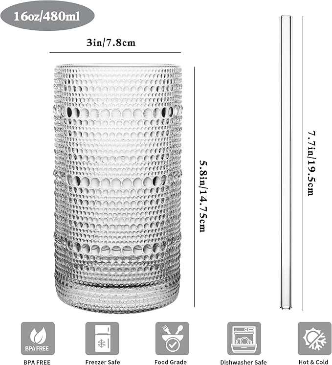 Upgraded Large Capacity 16 oz/480 ml Hobnail Glasses Drinking Set of 12 - Heavy Vintage Glassware