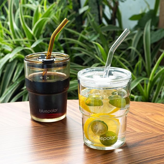 13oz/400ml Glass Water Tumbler with Straw and Lid Sealed Carry On Thick Wall Iced Coffee Cup Glass Cup for Water, Iced Tea Fruit Juice Etc (Amber)